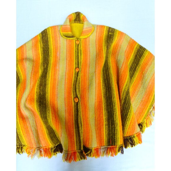 1970s BRIGHT Yellow & Orange Poncho Striped - Picture 4 of 9